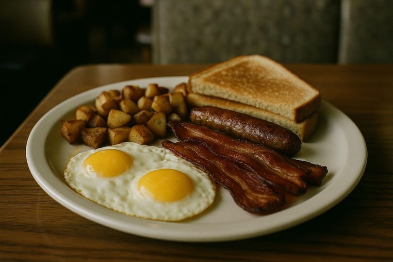 A classic Wooden Spoon brunch plate with fried eggs, bacon, sausage, home fries, and toast.