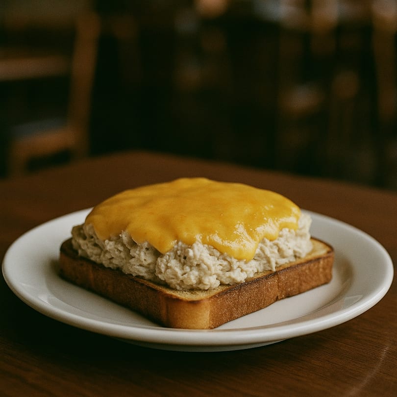 A Wooden Spoon tuna melt with melted cheese on toasted bread, served on a white plate.