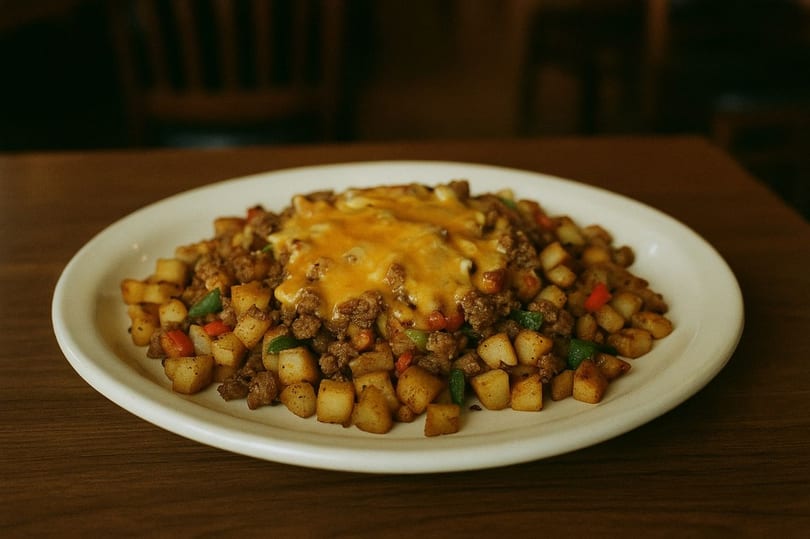 A white plate of Wooden Spoon's brunch hash with diced potatoes, ground meat, and melted cheese.